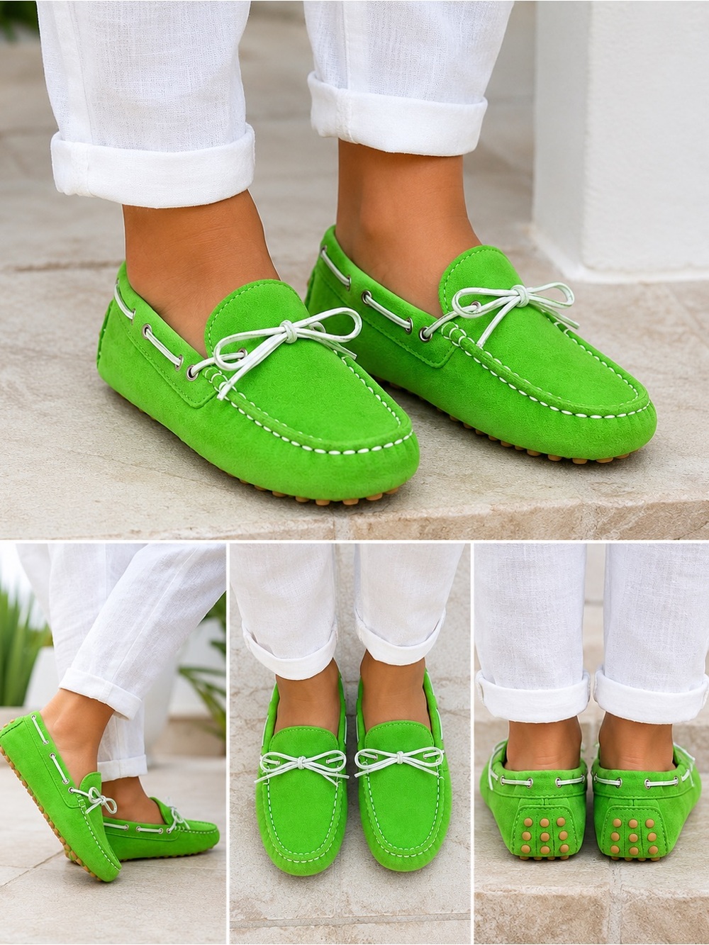 Kids Suede Moccasin Loafers in Bright Green - Classic Driver Style